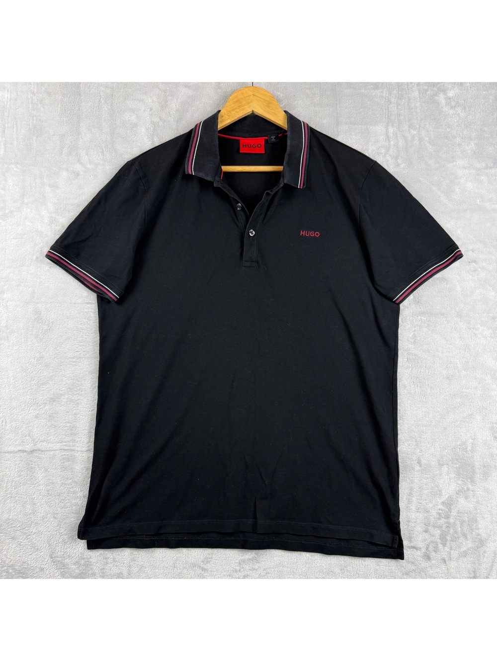 HUGO Boss Men’s L Black Pique Polo Shirt Embroidered Logo Striped Trim Peru Prep